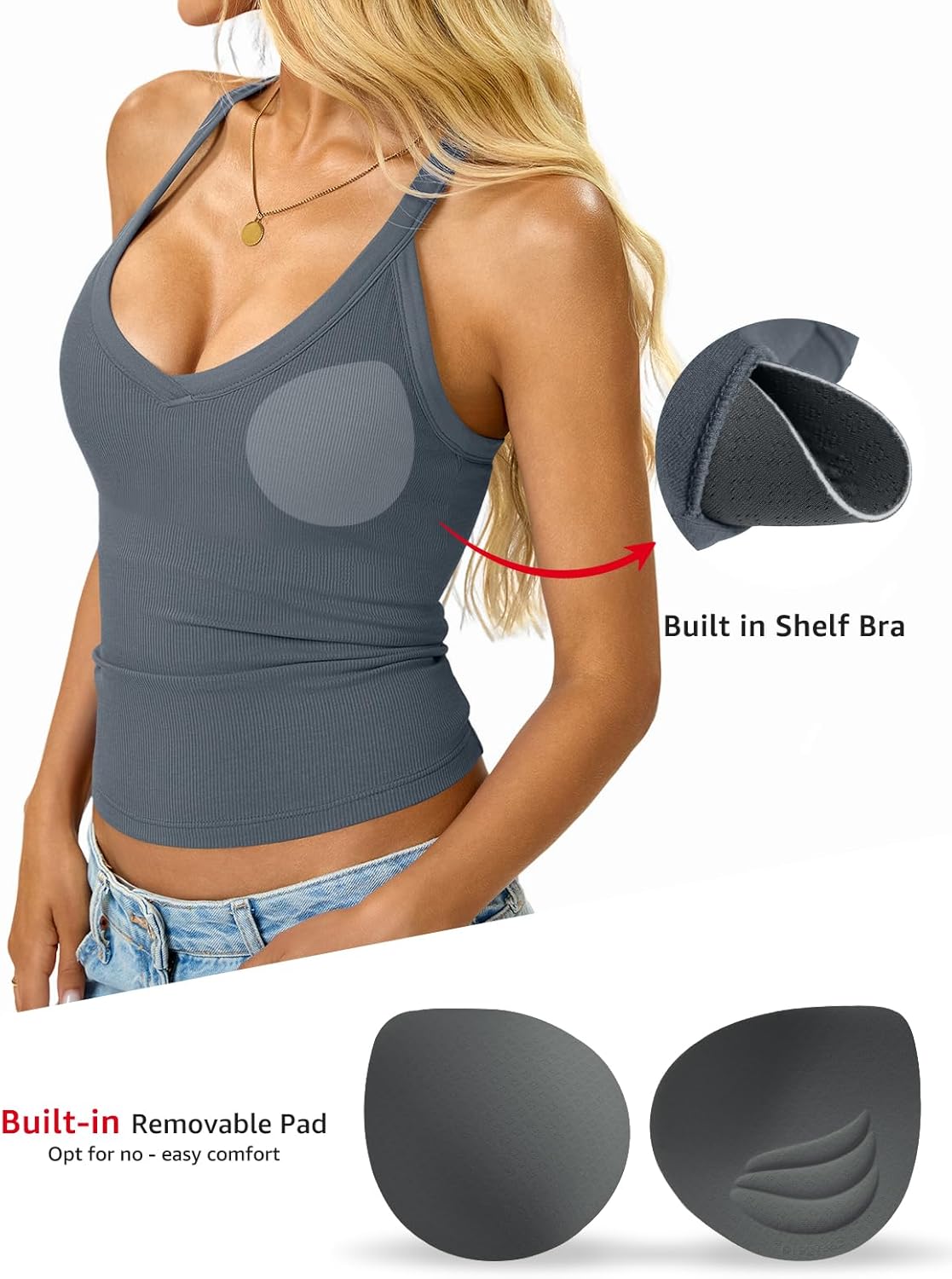 Womens Built in Shelf Bra Racerback Tank Tops Padded Ribbed Halter Strap T Shirts Slim Fitted Sexy V Neck Tee - Image 3