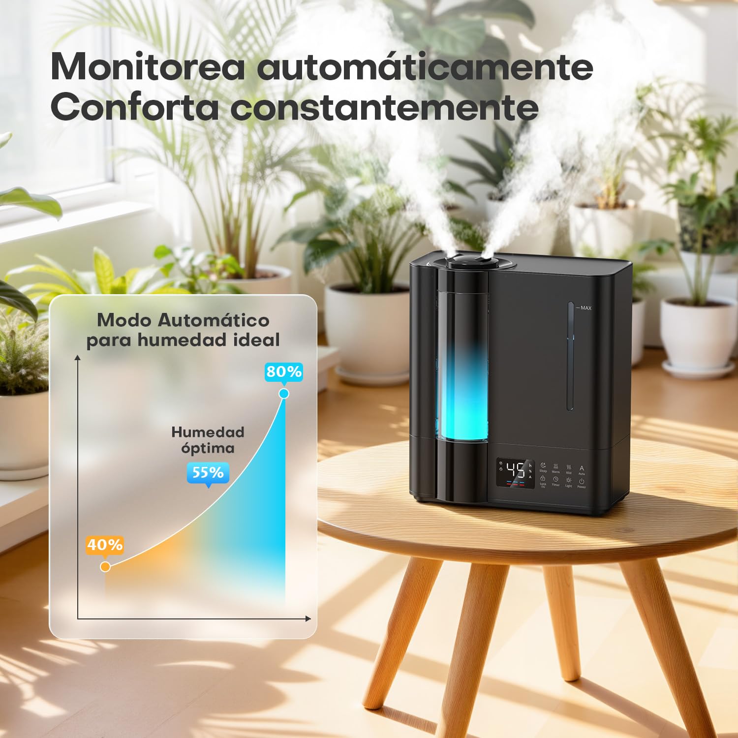 AROEVE Humidificador de Aire 8L, Ultrasónico Frío y Caliente, Sensor Humedad, 60H Silencioso