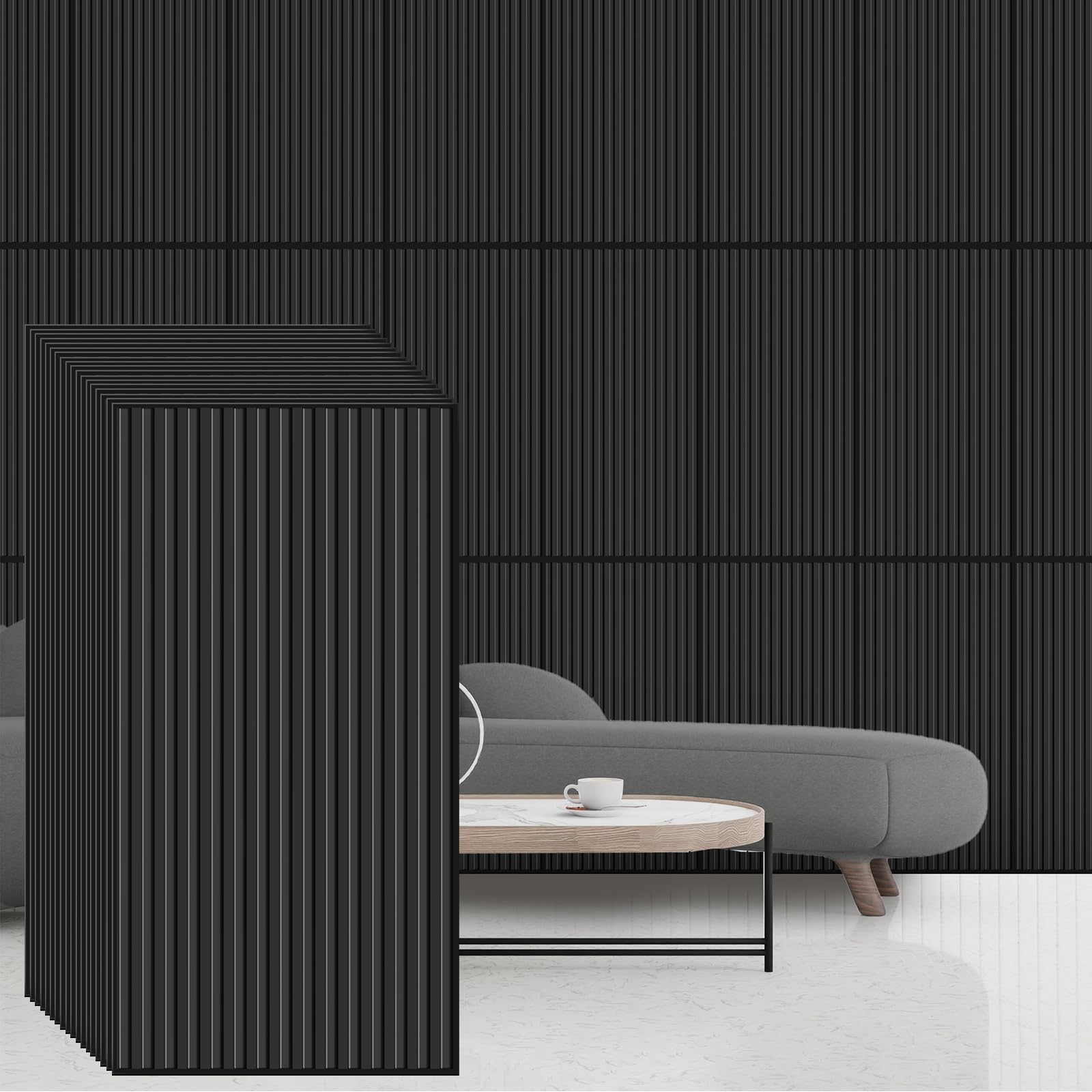 Nuanchu 18 Pcs 4 FT x 2 FT 3D Slat Wall Panels PVC Fluted Panel Decorative Cuttable Glue up Drop Ceiling Tiles for Interior Wall Art Living Room Bedroom Bathroom TV Background Studio(Black)