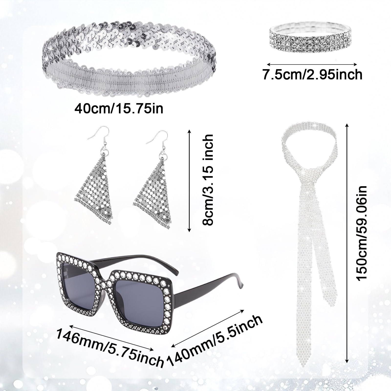 GYIOFAI 5 Pcs 1970s Disco Accessories Set, Sequins Scarf, Sequins Headband Bling Sunglasses Bracelet Earrings - Image 2
