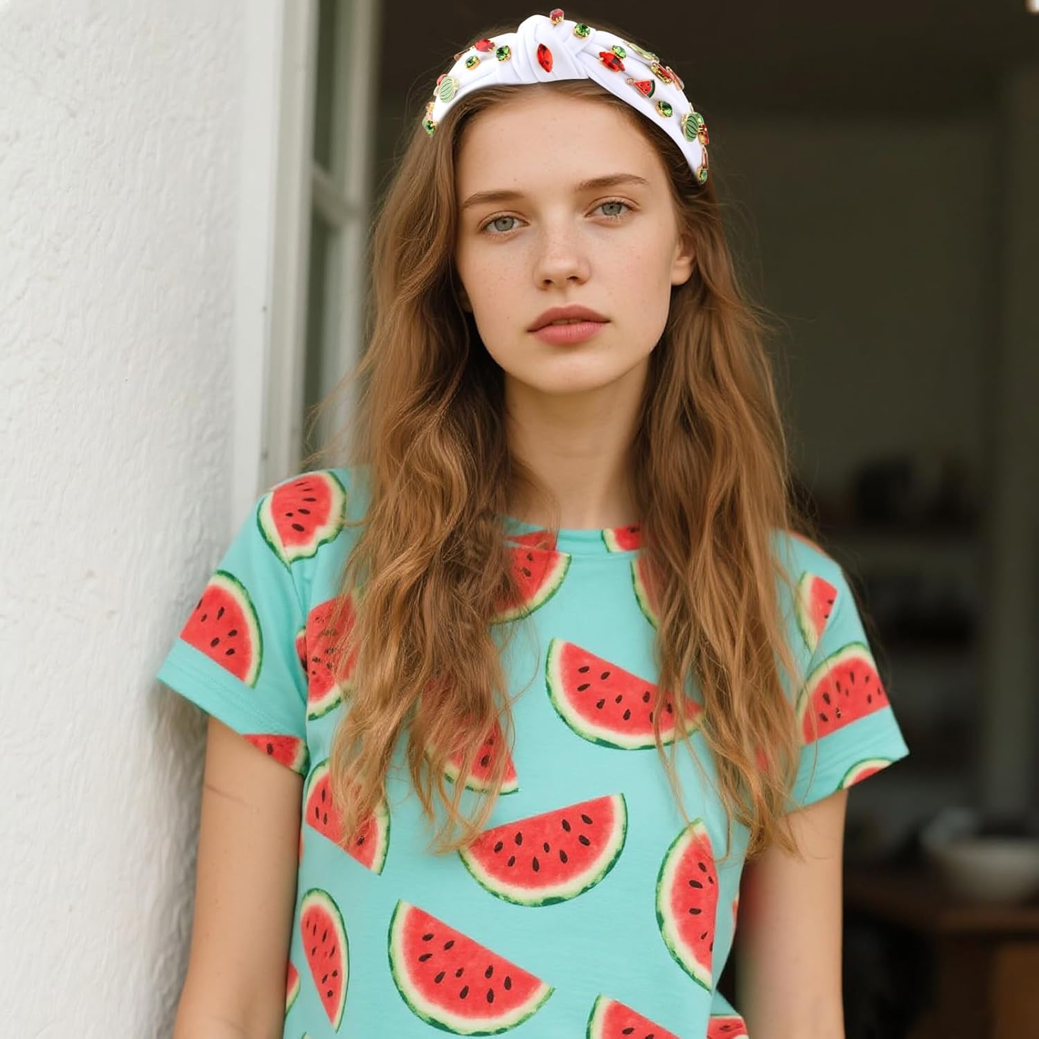 White Watermelon Rhinestone Jeweled Knotted Headbands for Women Girls, Fashion Cute Fruit Hair Accessories Gift for Girls - Image 6