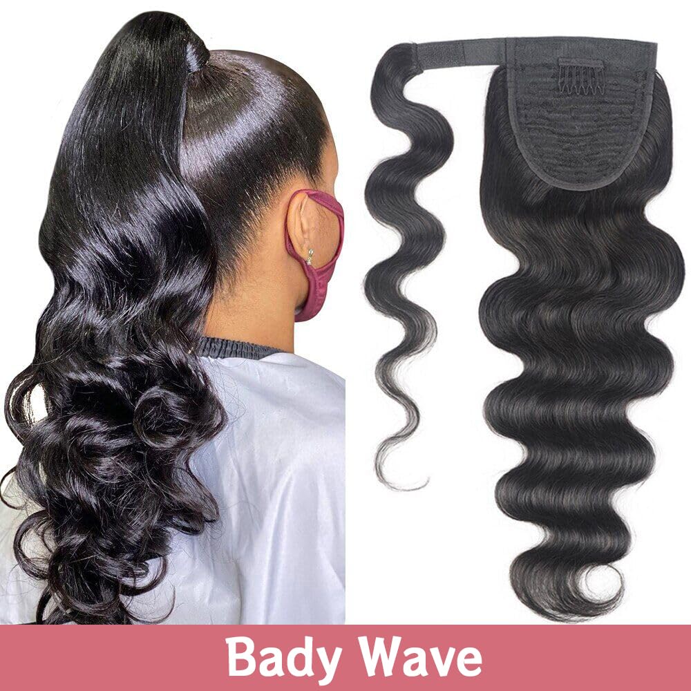 Datanala Brazilian Virgin 100% Remy Body Wave Human Hair Ponytail Extension with Magic Paste Warp Around 20Inch Body Wave Ponytail Extension Natural Color for Black Women