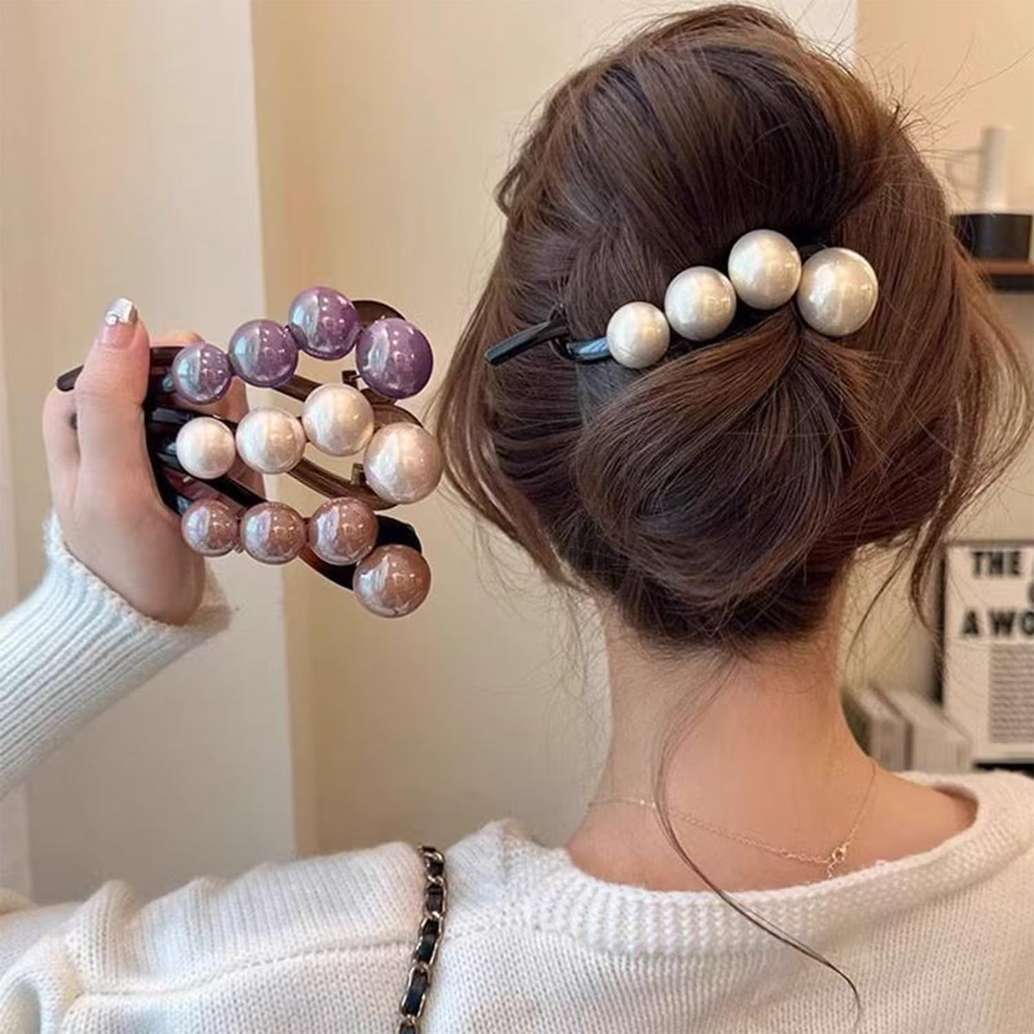 KEMMINTVN Set 4pcs Elegant Pearls Twist Hair Clip For Women Long Hair, Holder Hairpin Barrette Sweet Hair Ornament Headband Fashion Hair Accessories