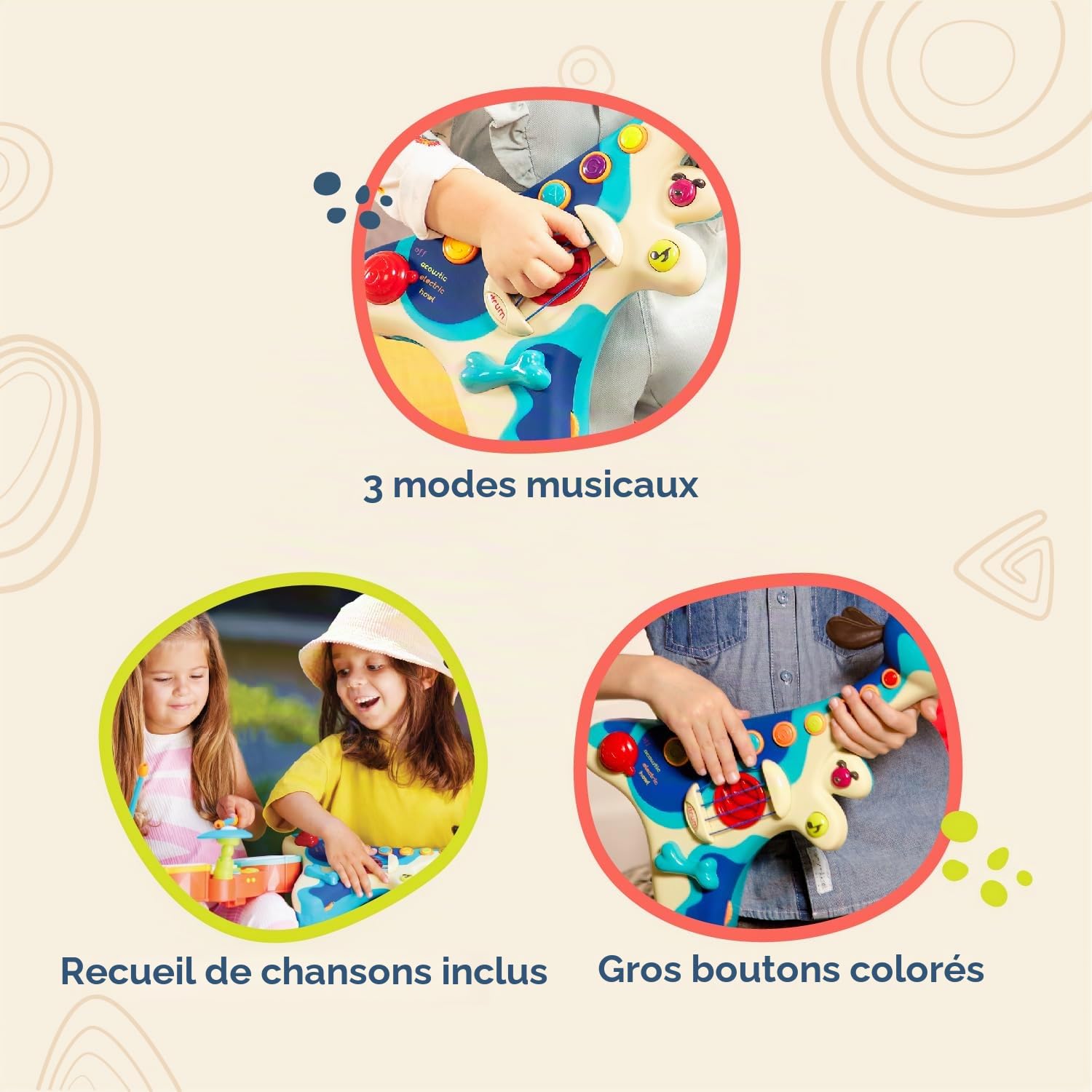 B. toys Woofer Guitare pour Enfants, 3 Modes musicaux, Boutons colorés