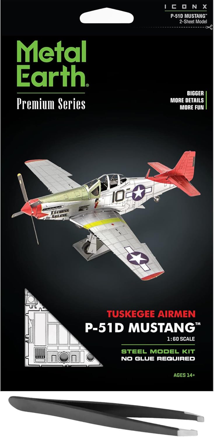Metal Earth Fascinations Premium Series Tuskegee Airmen P-51D Mustang Red Tail 3D Metal Model Kit Bundle with Tweezers