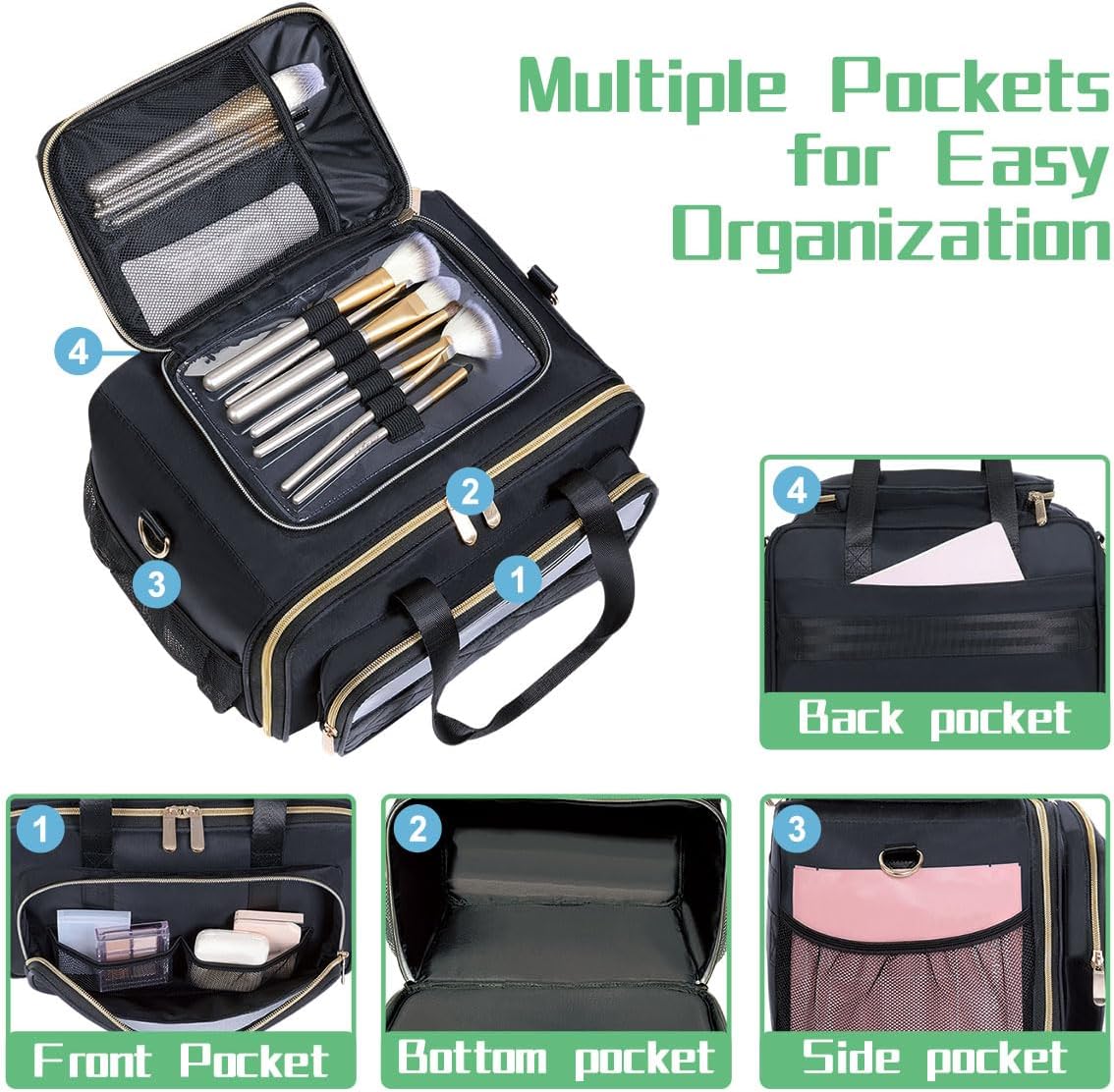Large Makeup Bag for Women, Travel Toiletry Bag with 2 Removable Pouches, Wide-Open Design for Toiletries, Cosmetics, Brushes & Beauty Tools (Black)