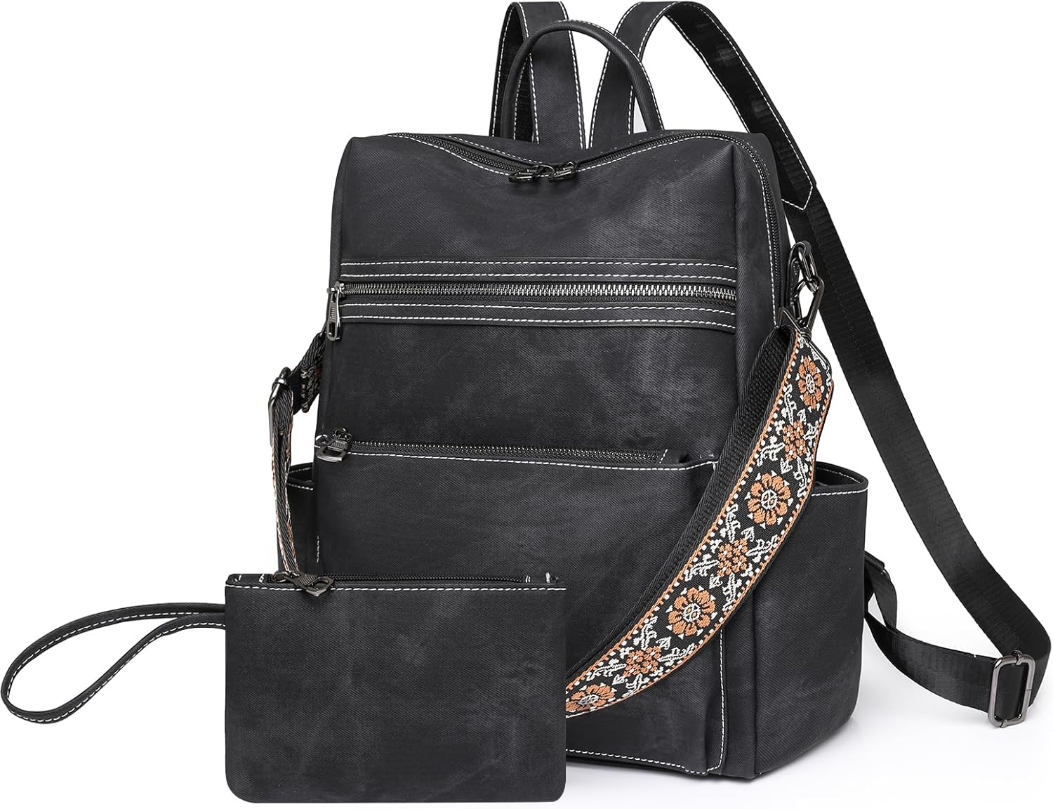 Backpack Purse for Women, PU Leather Backpack Purse, Waterproof Anti-Theft Women Backpack, Fashion Multi-Pocket Travel Backpack Shoulder Bag Handbag With Clutch, Black