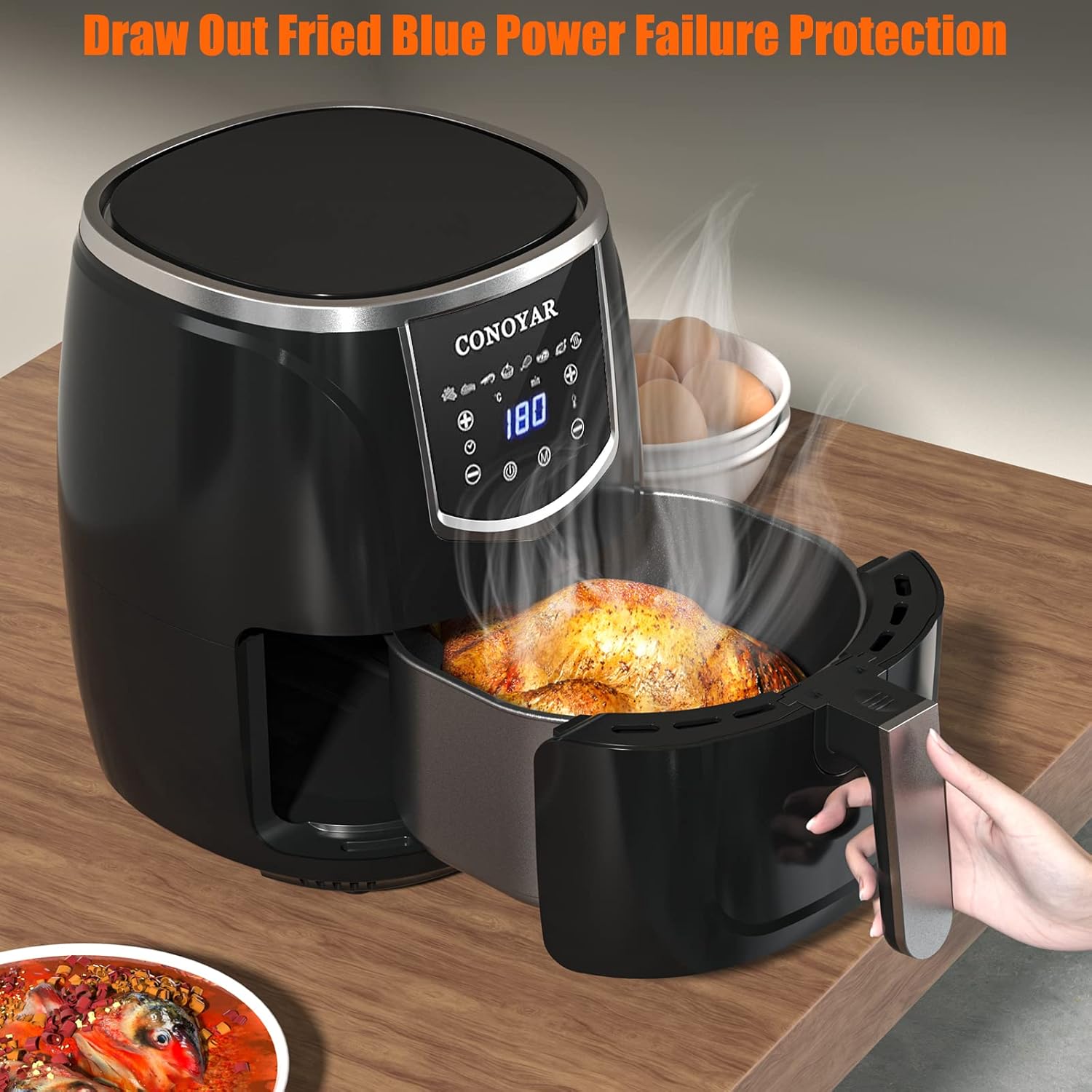 CONOYAR Friggitrice ad Aria 4.5L XXL, Friggitrice ad Aria Calda Senza Olio 1300W, Friggitrice ad Aria con Touch Screen LED Digitale e 8 Programmi, Controllo Preciso della Temperatura con Ricetta, Nero CONOYAR Friggitrice ad Aria 4.5L XXL, Friggitrice ad Aria Calda Senza Olio 1300W, Friggitrice ad Aria con Touch Screen LED Digitale e 8 Programmi, Controllo Preciso della Temperatura con Ricetta, Nero