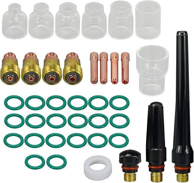 TIG Stubby Gas Lens Collet Body Collet Pyrex Cup Kit for DB SR WP 17 18 26 TIG Torch Welding Accessories (39pcs #4#5#6#7#8#10#12 Pyrex)