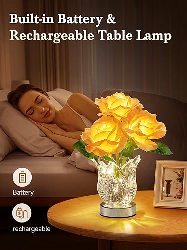 Miniatura 5 de One Fire Lámpara de mesa rosa, lámpara táctil de flores regulable, lámpara inalámbrica recargable, lámpara de flores artificiales con jarrón de