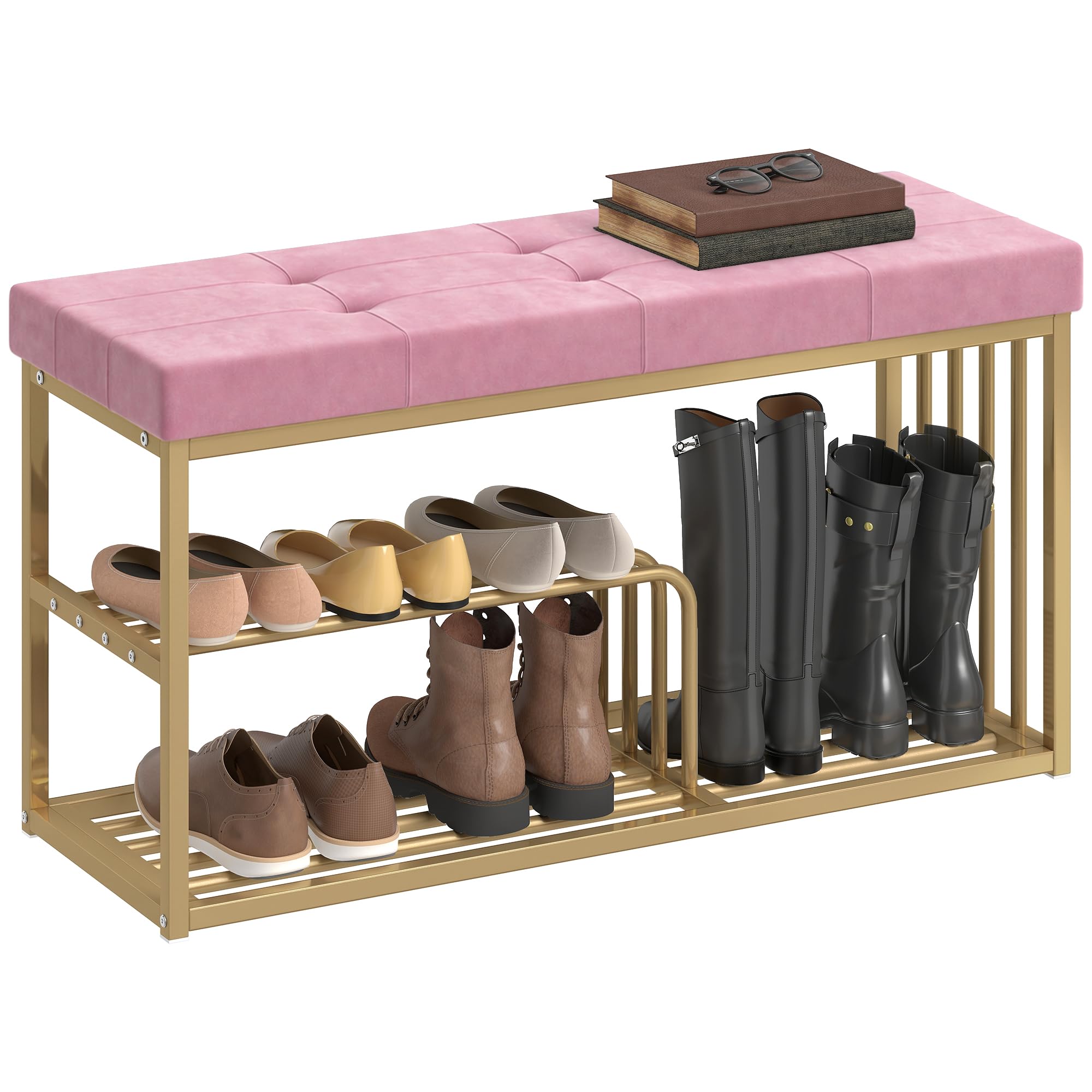 Portland 3 Shelf Shoe Rack Bench - Pink - Velvet/Gold