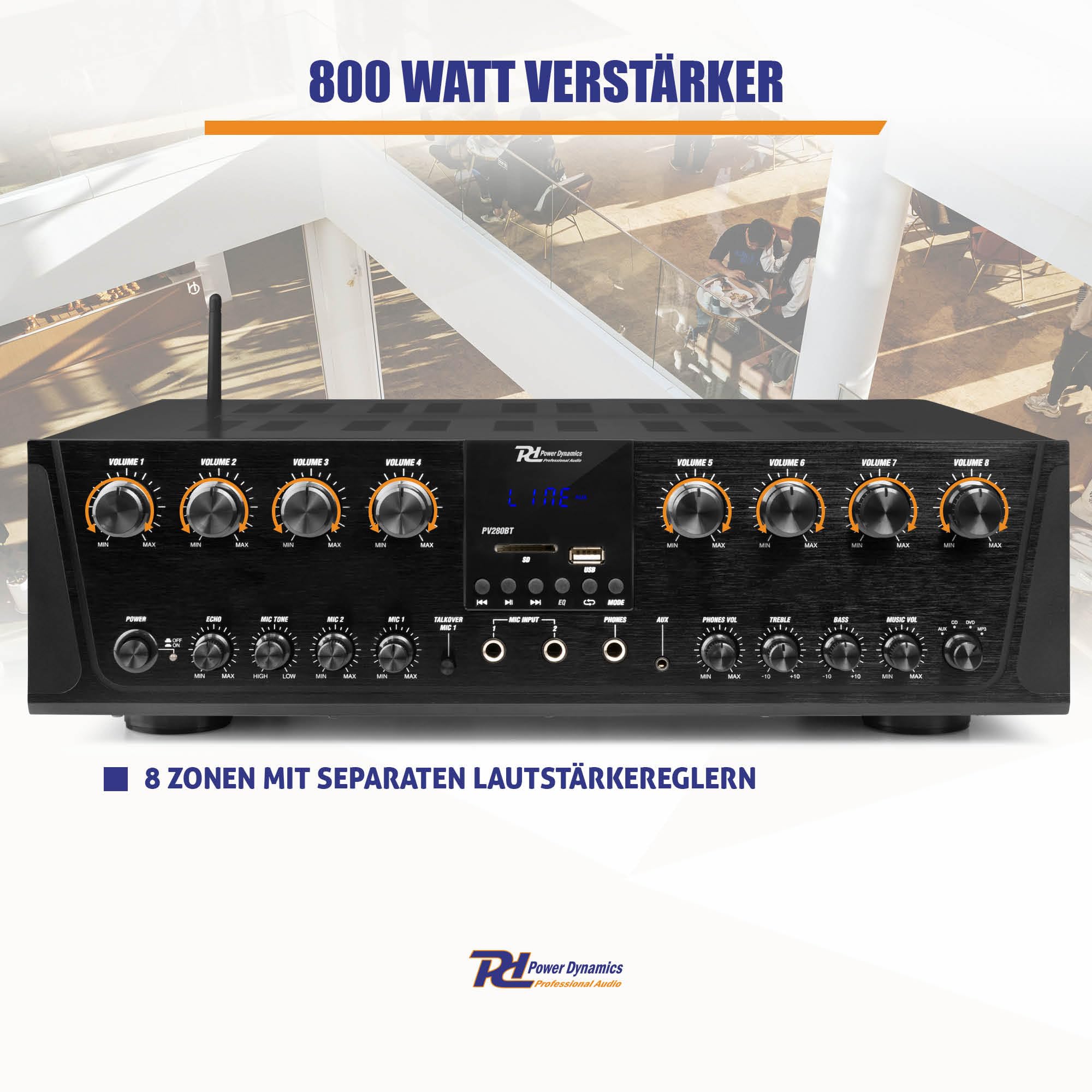 Power Dynamics PV280BT Verstärker mit Bluetooth - 8 Kanal Bluetooth-Receiver mit 800 Watt Leistung, MP3-Player, FM Radio - für Karaoke geeignet, inklusiv Fernbedienung - Schwarz