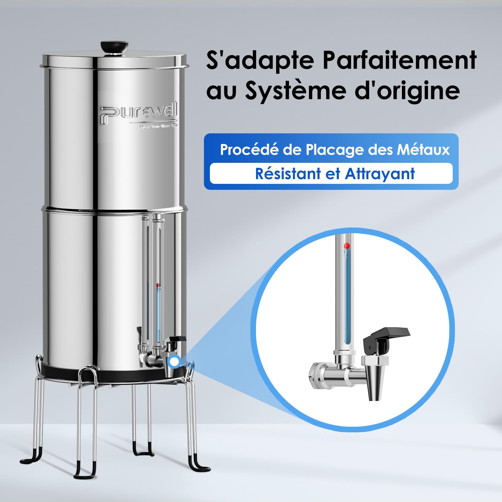 Purewell Filtre à Eau 8,5 litres par Gravité - Cuve Acier Inox 304 + 4 Filtres (Charbon/Fluor) - Robinet Visuel - Élimine 99% Fluorures/Chlore/Métaux - Sans Électricité