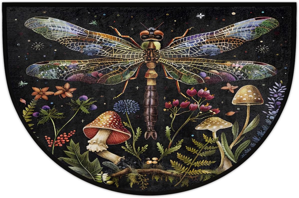 Half Round Doormat Non-Slip Washable Mushroom Animal Dragonfly Flower Semi Circle Rug Soft Absorbent Half Moon Mat for Indoor Outdoor Entrance Kitchen Bathroom Sink Patio Welcome Fireplace Floor Rug