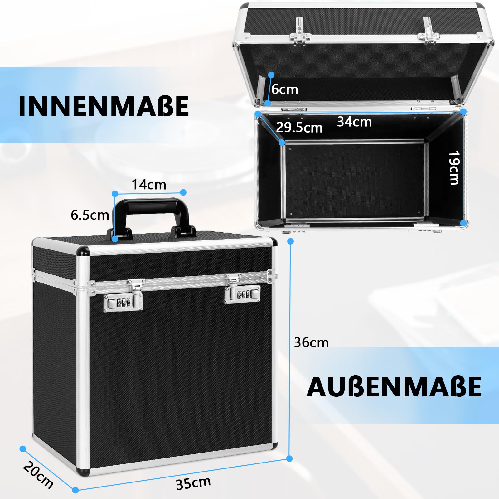 OUTMEE Valigetta in vinile per circa 50 LPs, design in lega di alluminio, nera, 340x365x205 mm