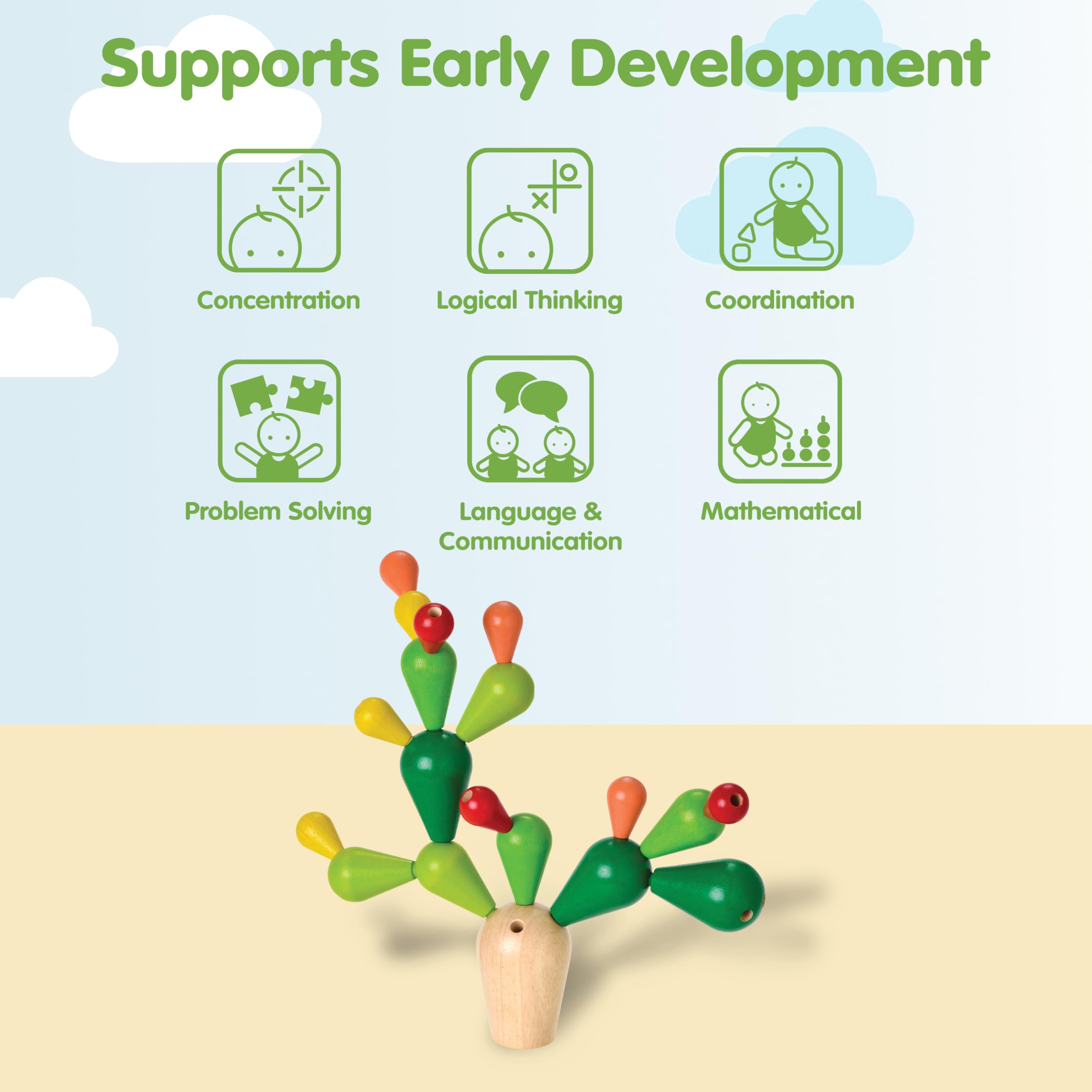 PlanToys Cactus Équilibrant - Jouet de Motricité Coloré en Bois 3+ Ans - Jeu de Construction pour 1 à 4 Joueurs avec Socle et 18 Branches, Wood