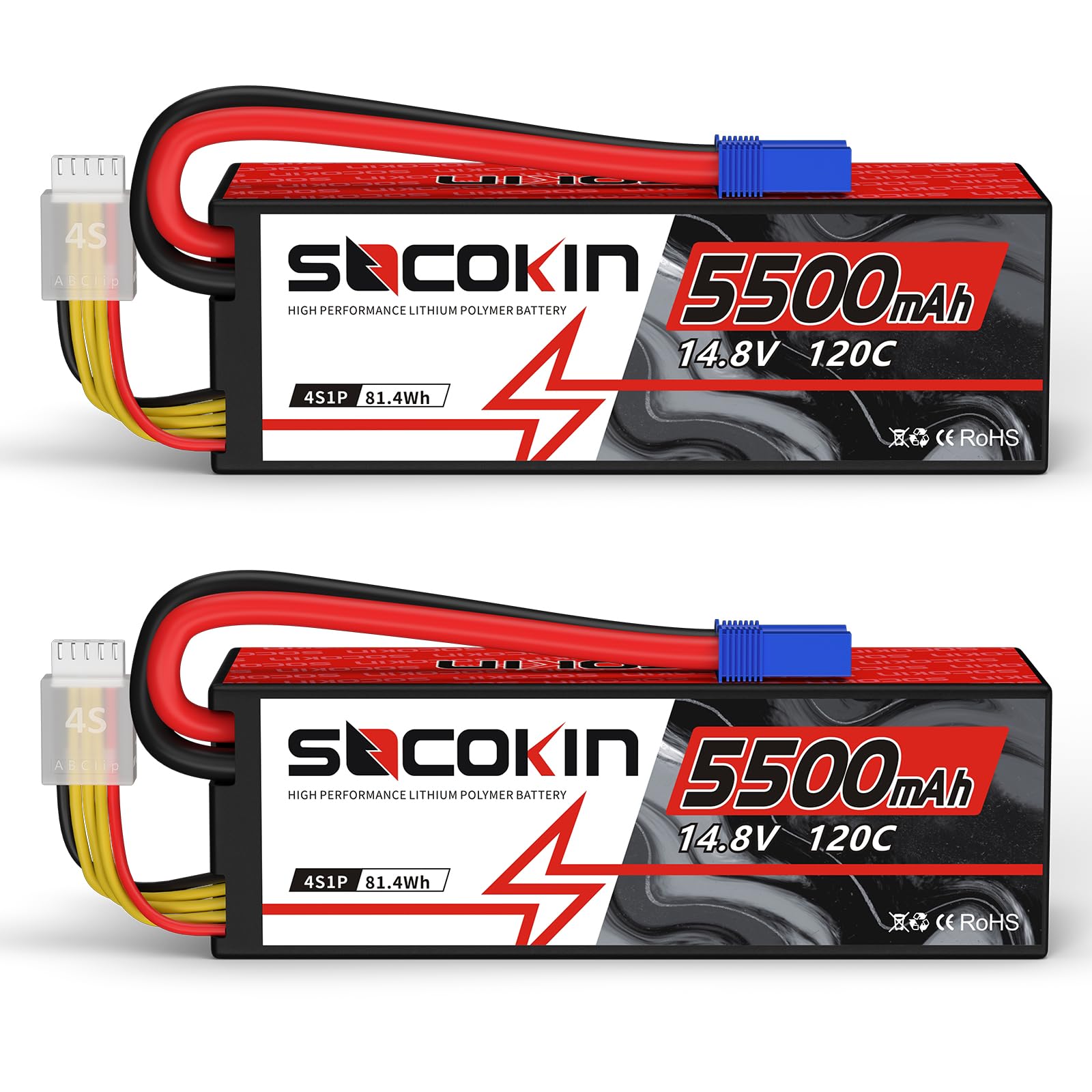 Socokin 4S Lipo Battery 5500mAh 14.8V 120C with EC5 Connector Hard Case for RC Car Truck Tank RC Buggy Truggy RC Model Racing Hobby(2 Pack)
