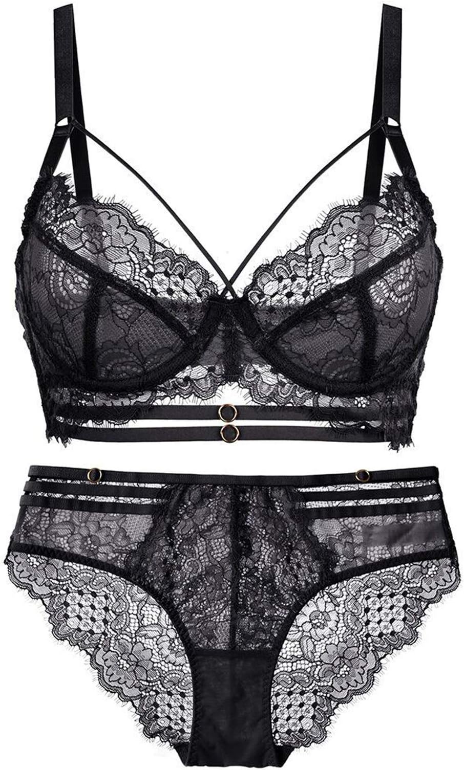 WENJUN Women's Sexy Lace Lingerie Set,See Through Underwear Floral Lace Underwire Sheer Bra and Panty Set (Color : Black, Size : 85B)