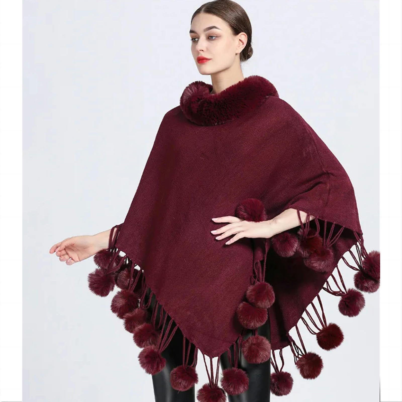 Poncho Donna Poncho Scarf Fur Ball Decoration Decoration Scialle Fux Furx Collar Women's Cape Fringed