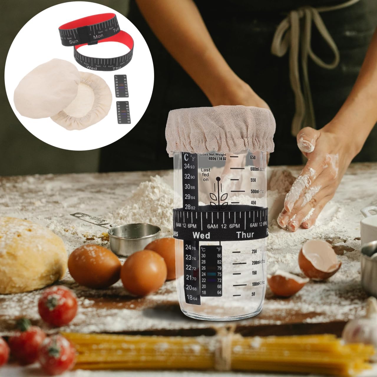 Sourdough Starter Jar Accessory Kit 2 Cloth Covers 2 Thermometer Stickers 2 Date Marking Bands for Fermentation Jar Monitoring and Batch Tracking