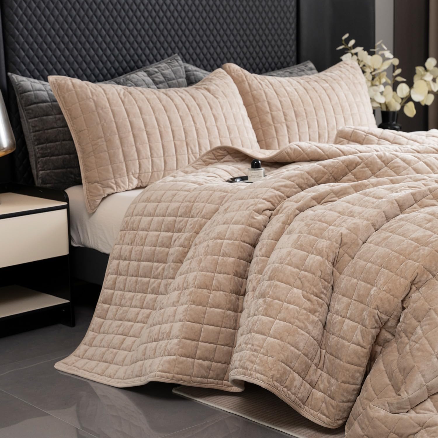 BOV Luxury Velvet Quilt and Sham Set, Cozy Queen Size Quilt Soft Comforter Set Lightweight Bedspread Coverlet Set Queen, Taupe Comforter 92"x96" - Image 7