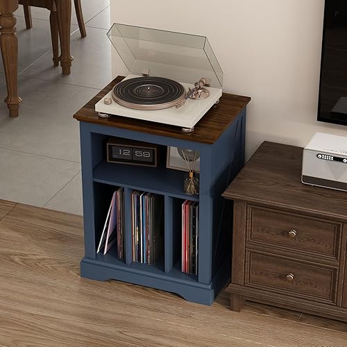 Miniatura 5 de Soporte para tocadiscos con almacenamiento de discos de vinilo, soporte grande de madera para sala de estar, dormitorio, oficina, azul