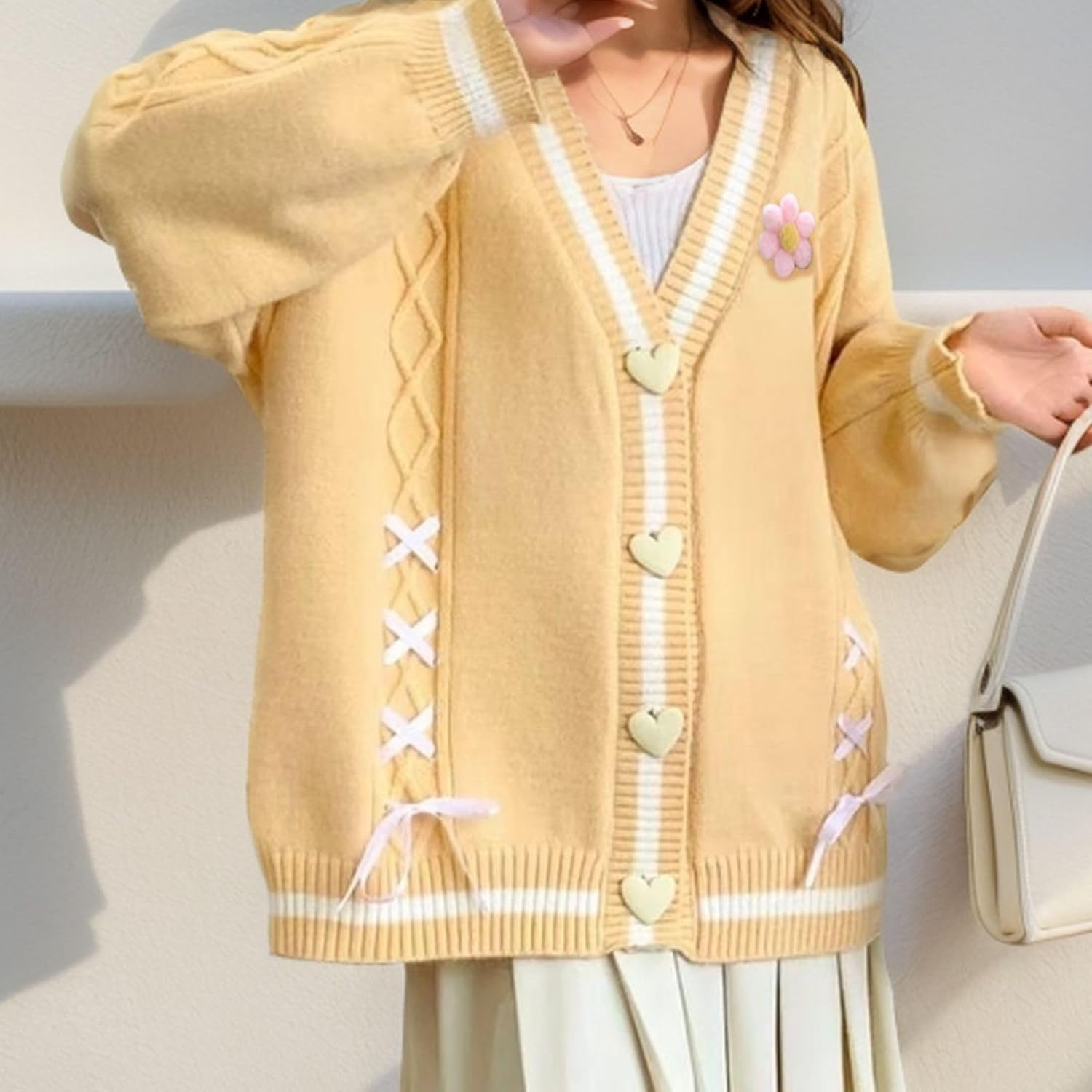 FindThy Women’s Cute Sweet Cardigan Sweater Kawaii Love Button Long Sleeve V-Neck Bowknot Knitted Outerwear - Image 2