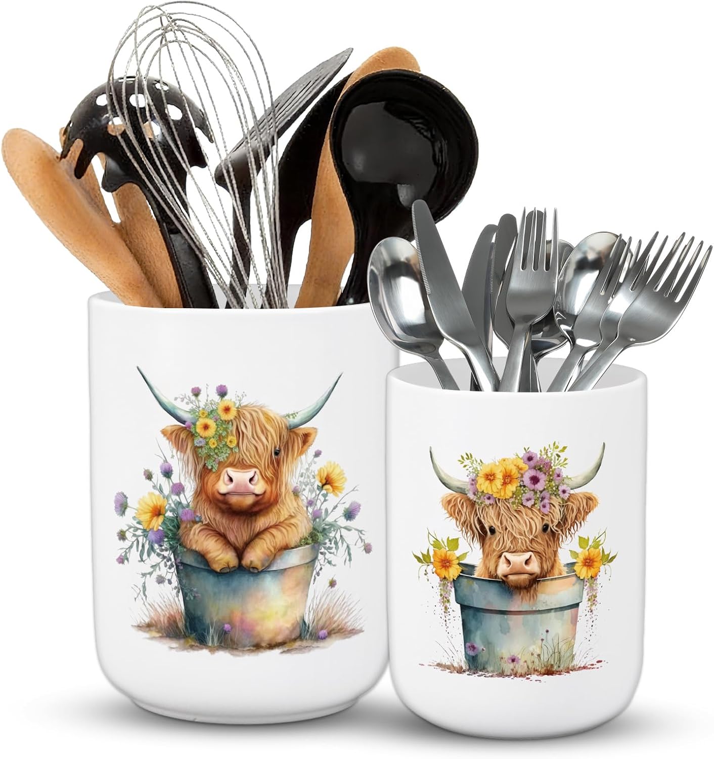 FYSUIMU Highland Cow Ceramic Utensil Holder Watercolor Cow Floral Utensil Crock for Farmhouse Home Kitchen Countertop Storage Organizer, Set of 2