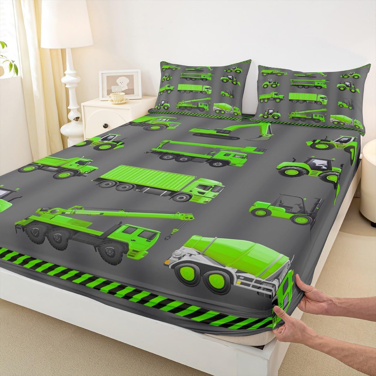 Feelyou Construction Bed Sheet Set Green Black Cartoon Excavator Bedding Sheets for Kids Boys Tractor Bedding Fitted Sheet Vehicles Truck Car Bed Cover 1 Bed Sheet Set with 2 Pillowcases Full Size