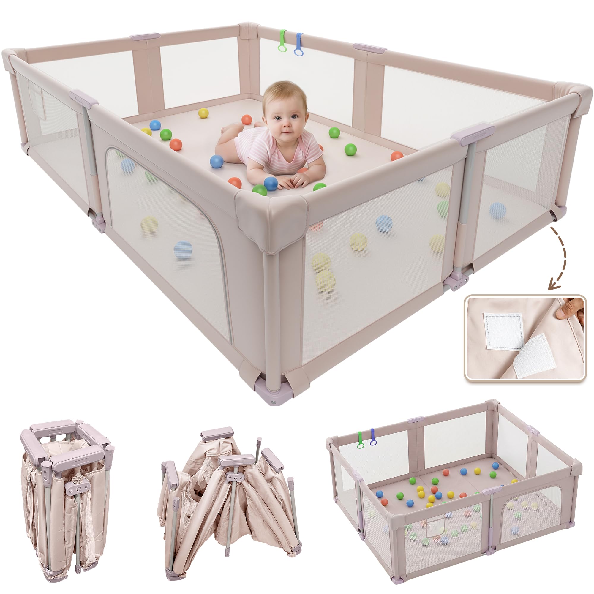 Photo 1 of Foldable Playpen with Mat for Babies and Toddlers, 73" x 61" Baby Play Pen for Indoor & Outdoor, Playard with Soft Breathable Mesh, Pull-Link and Ocean Balls, Pink