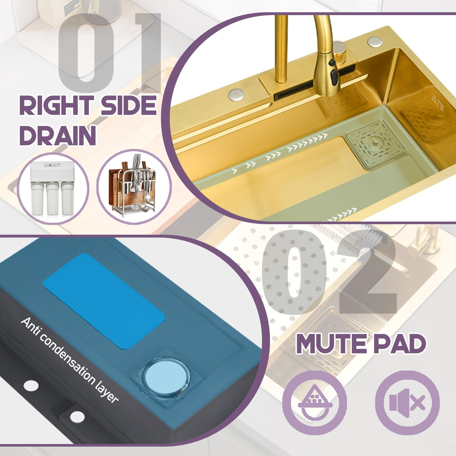 Fregadero De Cocina Dorado, Fregadero De Acero Inoxidable Grueso Con Revestimiento Nano, Fregadero De Un Solo Tazón De Gran Capacidad, Fregadero De Estación De Trabajo De Montaje Superior, Con Grifo D