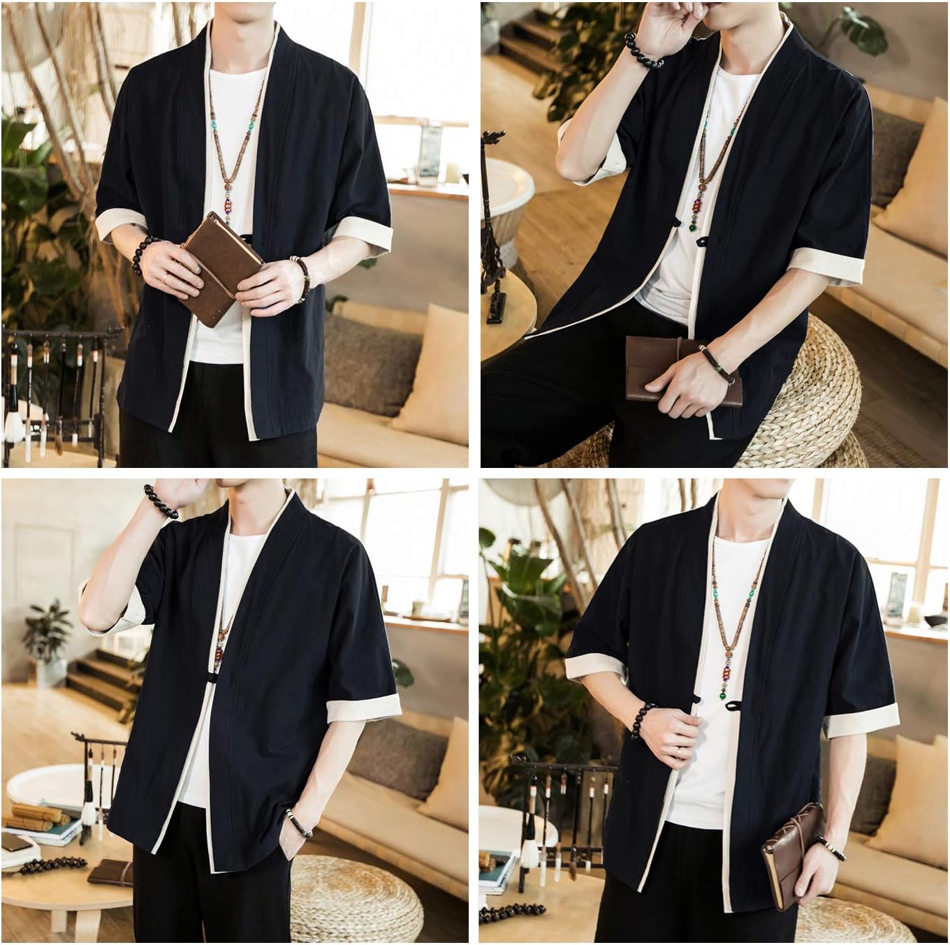 HAORUN Men Japanese Short-Sleeved Kimono Cardigan Yukata Coat Loose Cardigan Jacket Top - Image 3