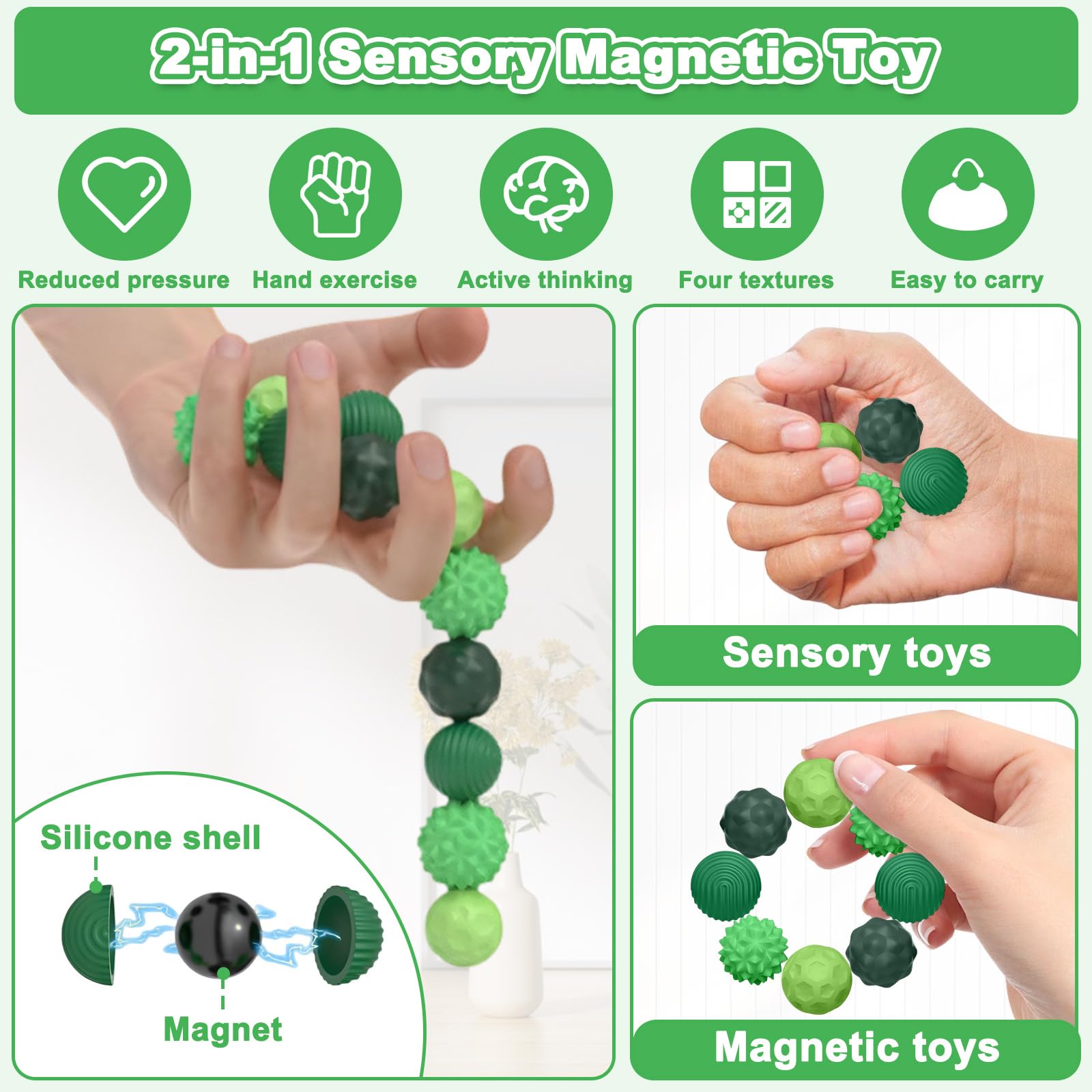 8 Palline Magnetiche Antistress In Silicone – Giocattolo Sensoriale Per Mani Con 4 Texture – Perfetto Per Ansia E ADHD – Regalo Benessere Per Adulti E Bambini (Verde)