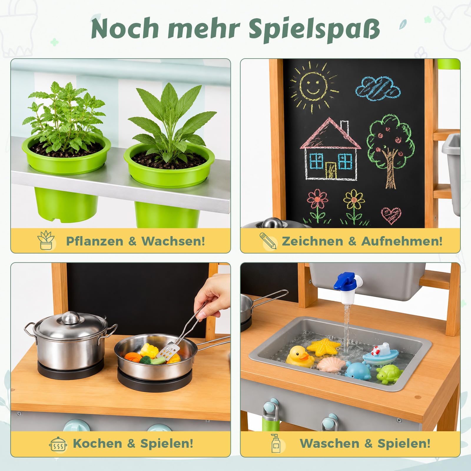 Matschküche Kinder Outdoor Holz mit Wasserdichtem Dach & Rädern, Kinderküche mit Wassertank Wasserhahn Kreidetafel & Spielküche Zubehör Set, Matschtisch Mud Kitchen Gartenspielzeug für Jungen Mädchen