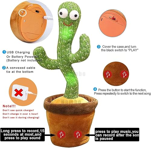 Miniatura 3 de Recargable por USB Cactus bailarín repite lo que dices hablando soleado el juguete electrónico LED de cactus bailando iluminación grabación imitando