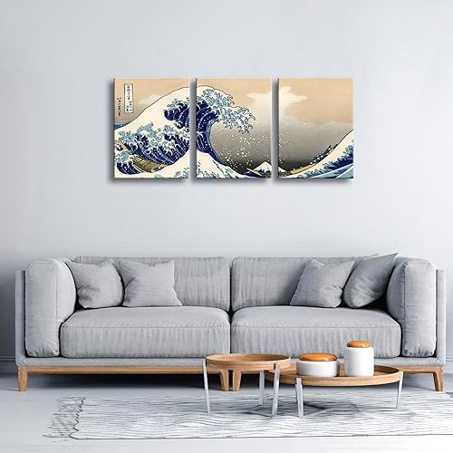 Vista 57 de Wieco Art Great Wave of Kanagawa Katsushika Hokusai 3 piezas modernas sobre lienzo estirado impresiones sobre lienzo, arte de pared para decoración