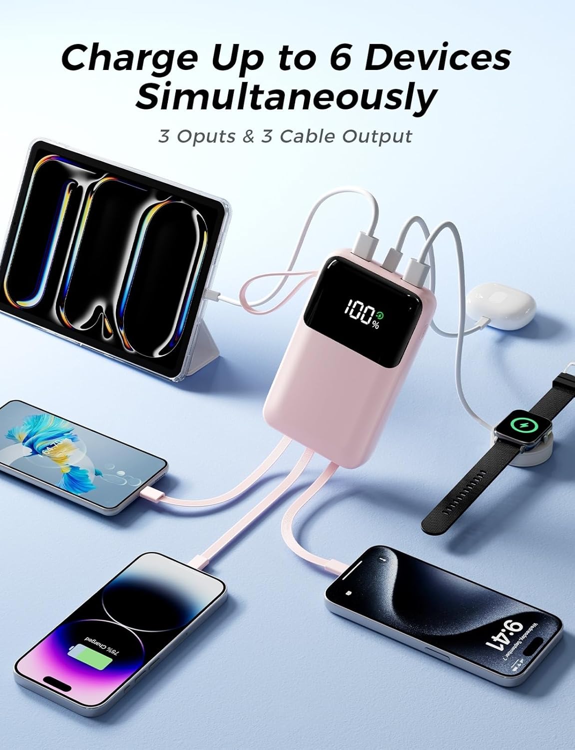 15000mAh Portable Charger with Built-in 4 Cables, 22.5W Fast Charging, 6 Outputs, Slim Travel Essential Battery Pack with LED Display, Compatible with iPhone 17/16/15/14, Samsung, iPad