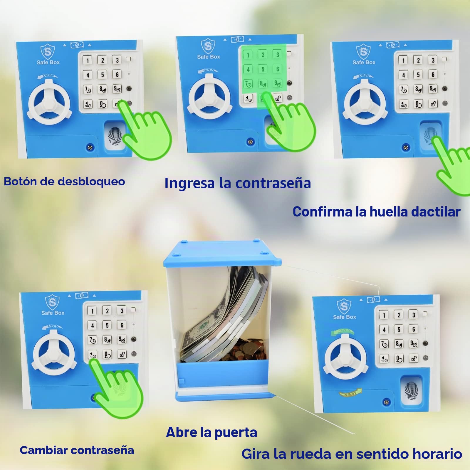 Caja de Ahorro para Niños con Contraseña de Huella Dactilar ATM que Habla Caja de Ahorro en Forma de Cerdo para Dinero Real Regalo de Juguete para Niños de 6-14 Años (Azul/Blanco)