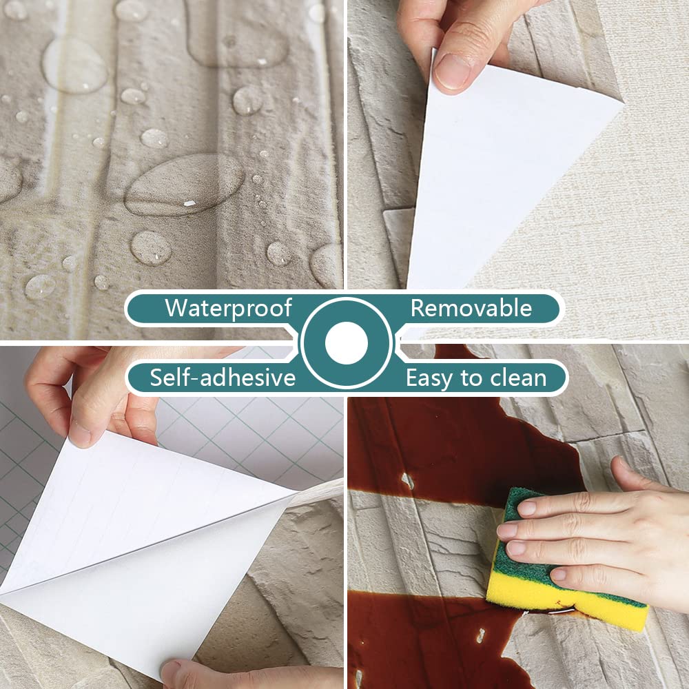 VEELIKE Carta da Parati Pietra Beige 60 cm x 900 cm Pellicola Adesiva Effetto Mattoni Carta Adesiva Vintage Industrial Fotomurali Pellicola Autoadesiva per Cucina Impermeabile Camera da Letto Bagno