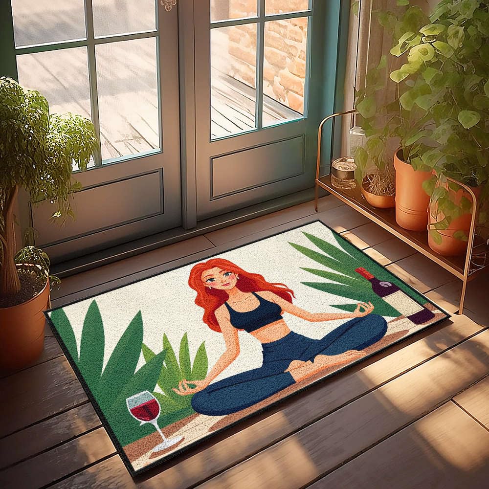 Paillasson drôle femme méditant vin nature grand tapis entrée cuisine humour 65x90cm