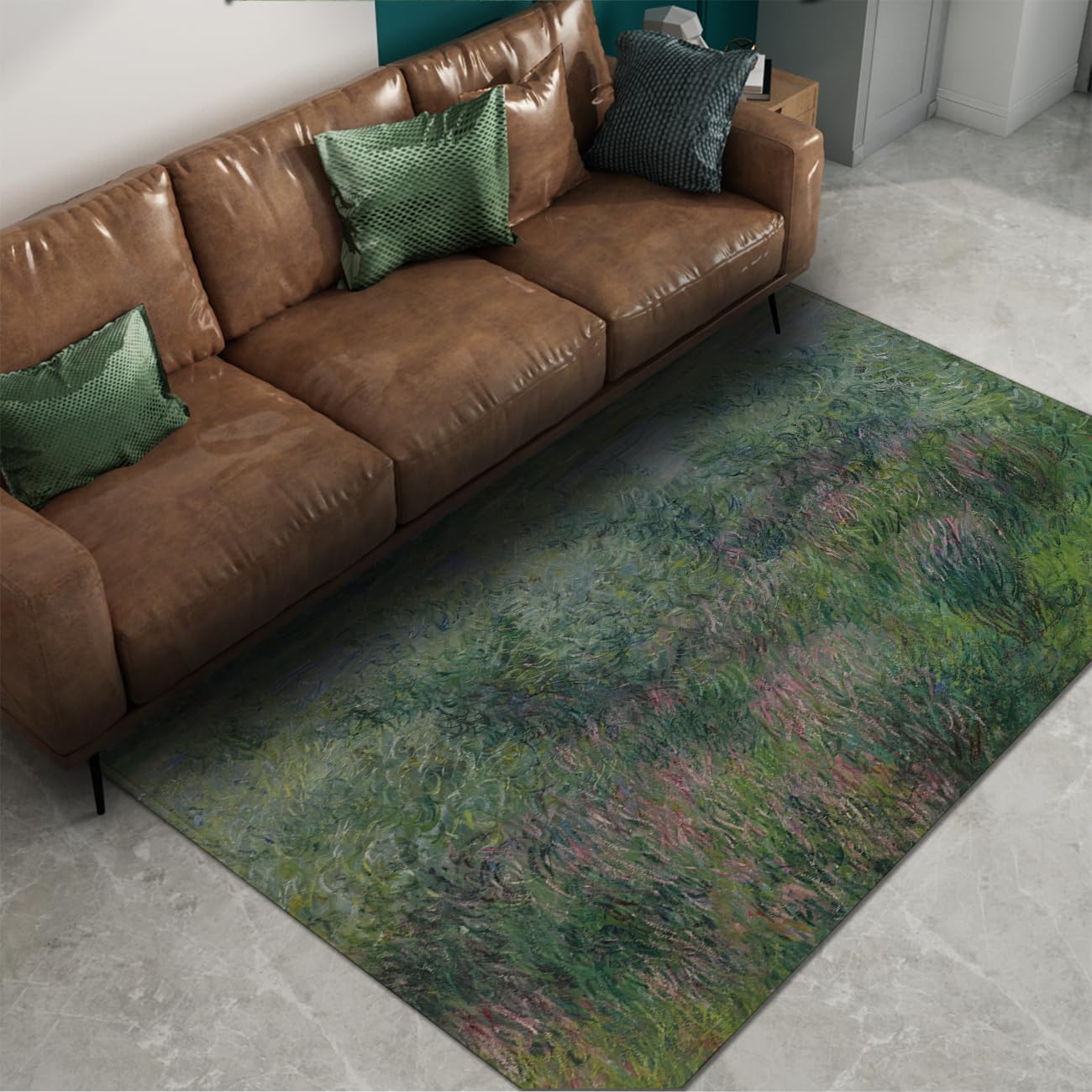 Green Blue Area Teppich 90x150 Wohnzimmerteppich maschinenwaschbar impressionistische Blumenteppiche für Schlafzimmer Esszimmer Küchenboden Tiefflor Salbei Smaragd Teppiche und