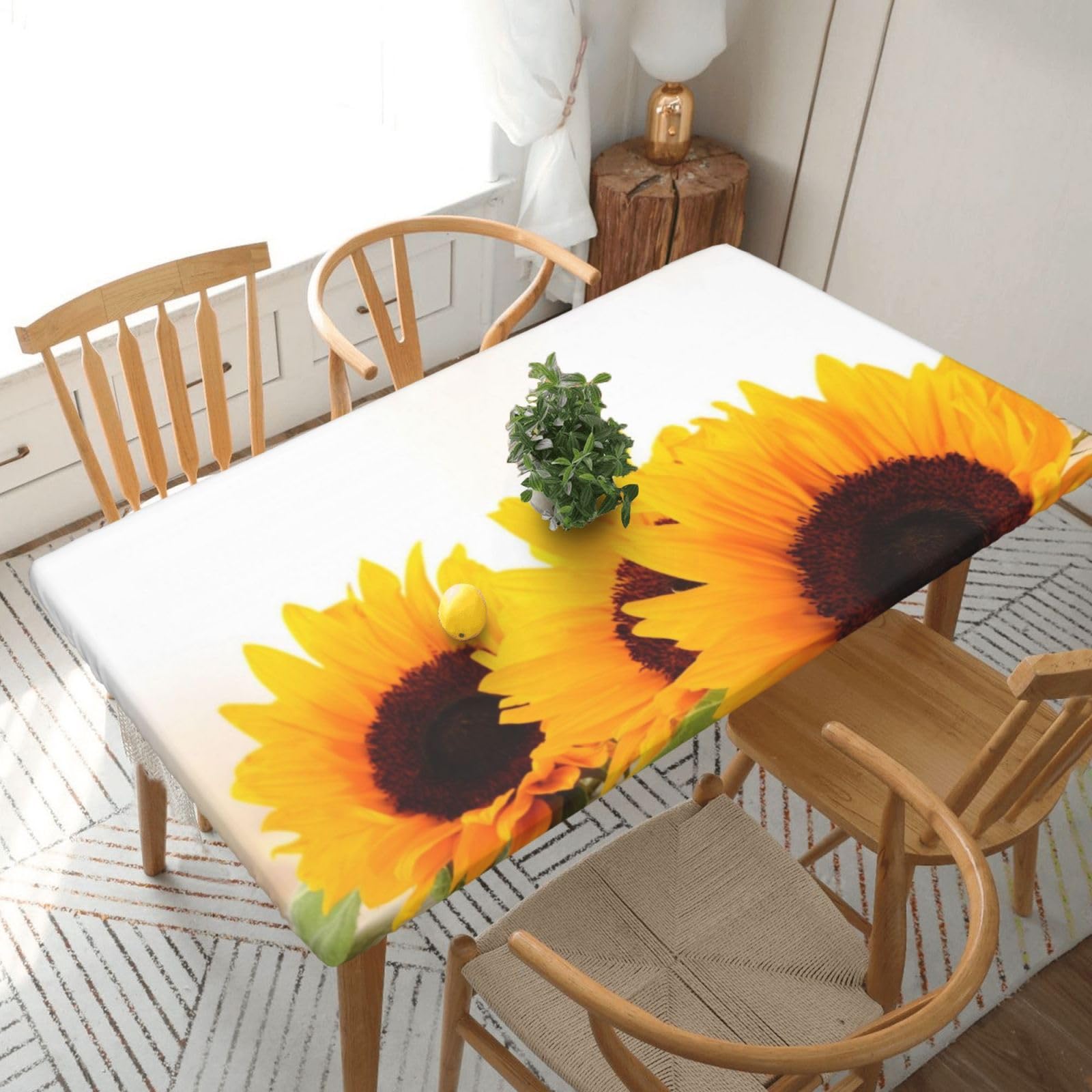 DCEHGEW Elastic Fitted Rectangle Tablecloth for 5ft Tables, Sunflower on Wooden Printed Oilproof & Washable Fabric Picnic Table Cloth Table Covers