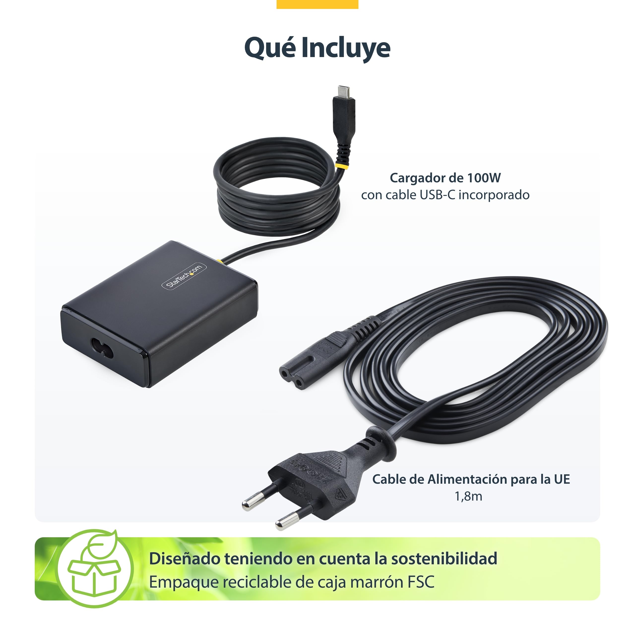 StarTech Cargador USB-C 100W Portátil Cable 1,5m MacBook Pro DELL XPS | Cable de alimentación de 1, 8m, Certificación ETL y CE, Cumple con DOE Nivel VI