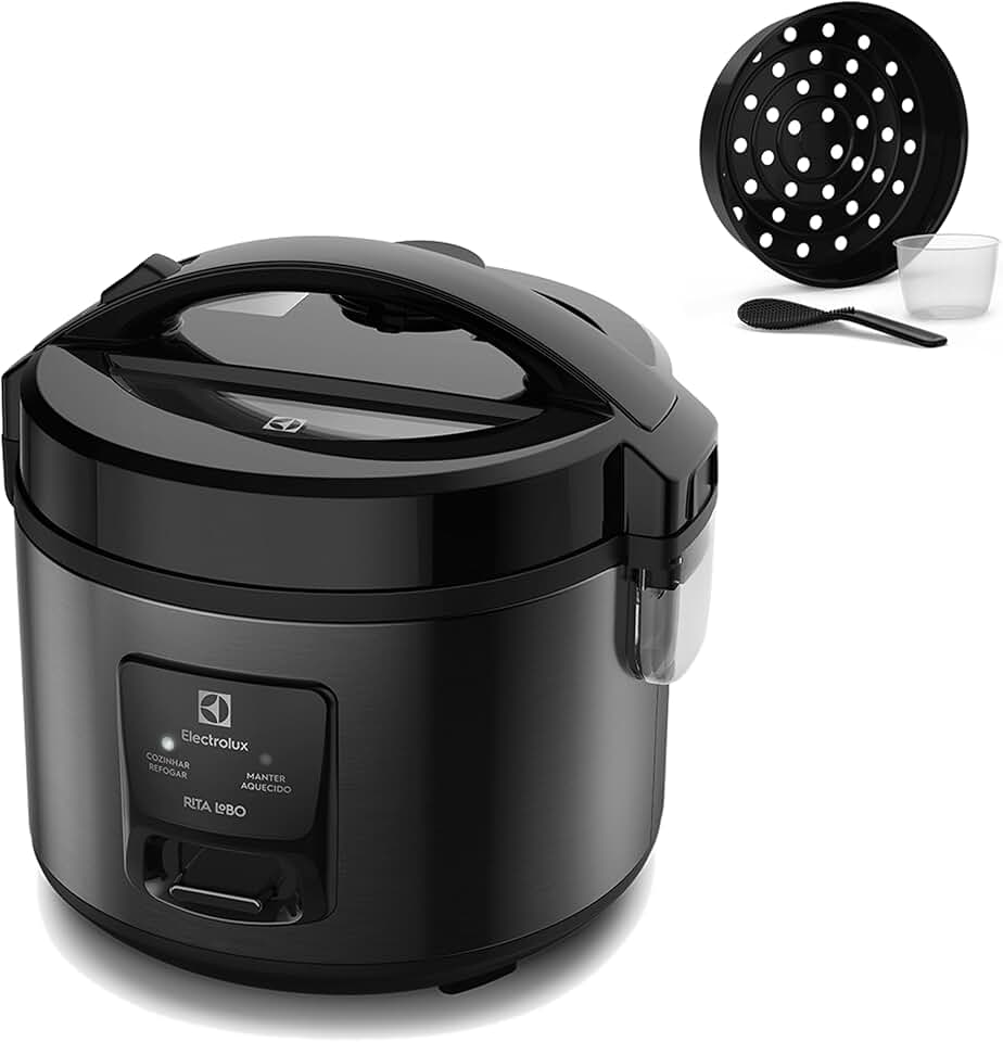 Electrolux Panela Elétrica vapor arroz capacidade 2L 6 Xícaras 2 em 1 timer panela removivel antiaderente tampa com visor transparente ERC10 inox 220v por Rita Lobo Electrolux digital capacidade 6L silenciosa segura 10 travas segurança 15 receitas pré-programadas 3 níveis pressão PCC20 inox preto 220v por Rita Lobo