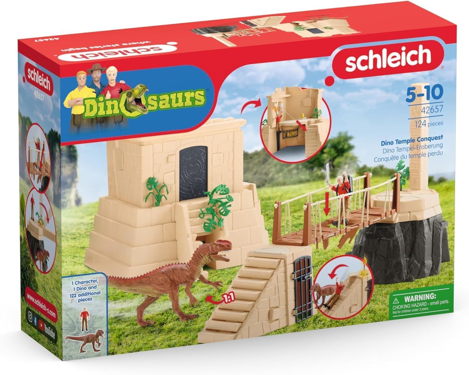 Schleich 42657 Conquista del Templo de Dinosaurios, a Partir de 5 años, Dinosaurs - playset, 124 Piezas | Set incluye figura de dinosaurio y tesoro del investigador Flynn, exclusivo en Amazon