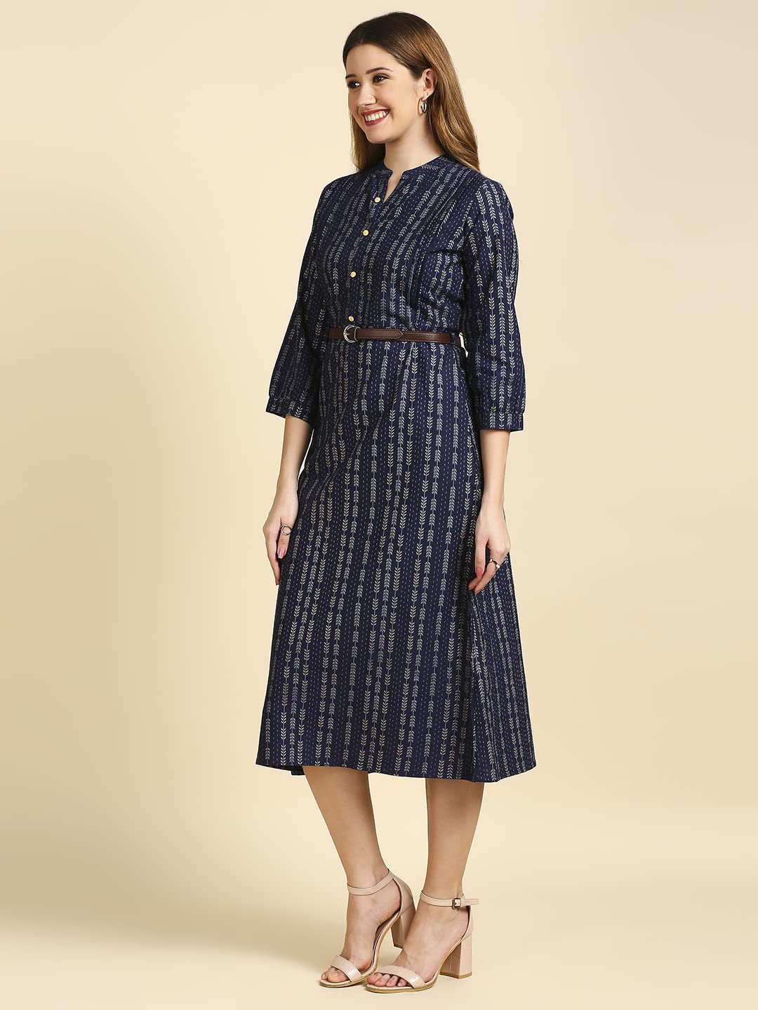 Anubhutee Women's Cotton Printed A-Line Indo Western Dress Navy Blue