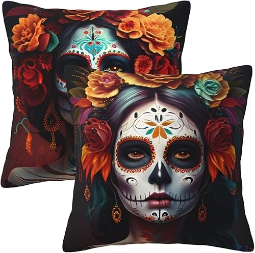 Juego de 2 fundas de almohada de calavera del Día de los Muertos de 18 x 18 pulgadas para almohadas de sofá para decoración mexicana del Día de los