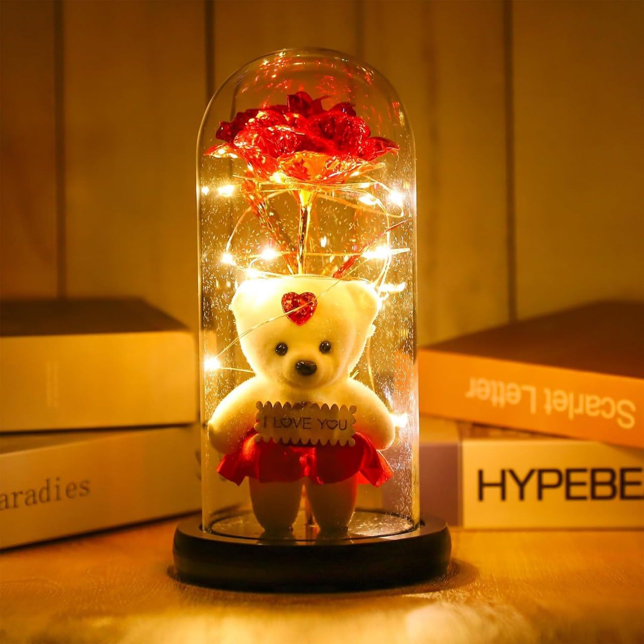 Valentines Day Rose Flower Gifts for Women, Colorful Artificial Flower Rose Light Gift in A Glass Dome with Teddy Birthday Valentines Wedding Love Gifts (Rose Flower Gift with Teddy)