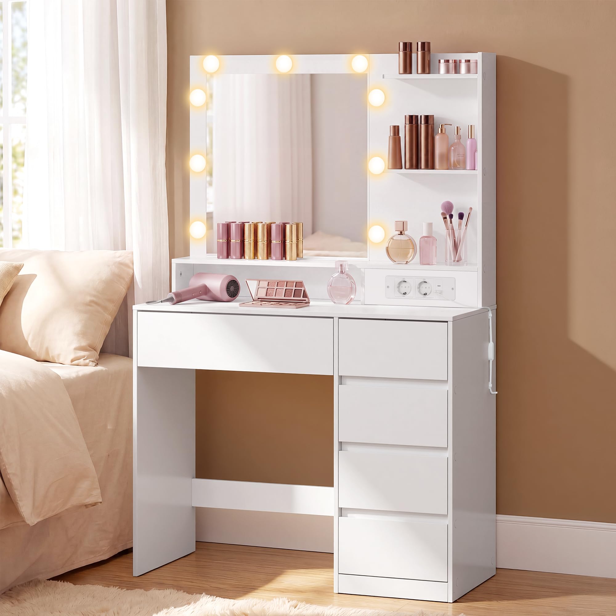 VASAGLE Kailyn Kollektion - Schminktisch mit Spiegel und LED-Leuchten, Steckdosenleiste, 9 Schubladen, 9 dimmbare Glühbirnen, 3 Lichtfarben, werkzeuglose Gleitschienen, wolkenweiß RDT241WB01