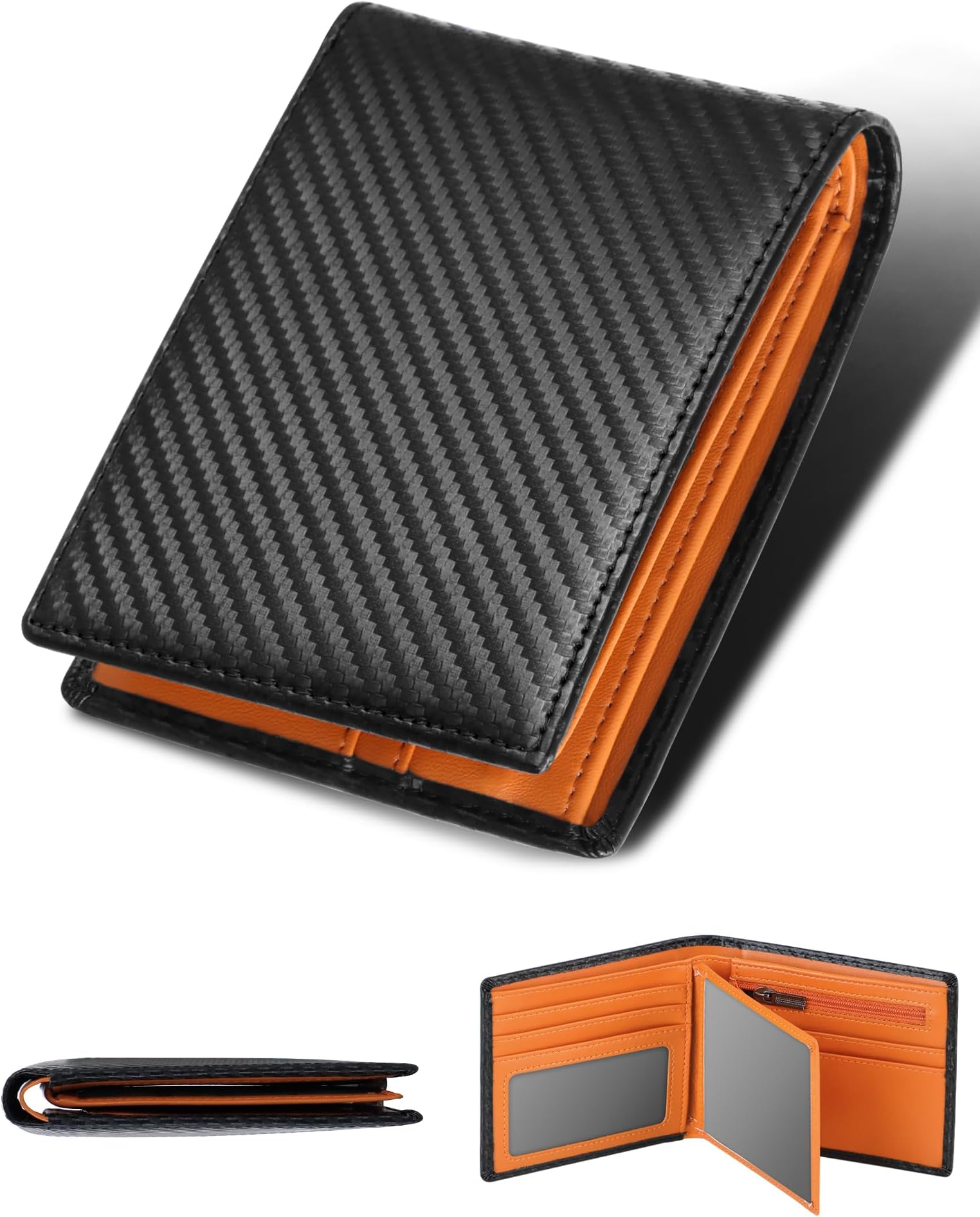 Men's Wallets Genuine Leather RIFD Tri-Fold Wallet with Coin Pocket,14 Credit Card Slots, 2 Banknote Compartments, 2 ID Windows, Minimalist Wallet with Gift Box, Black-orange